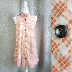 Retro Orange Gingham Plaid Button Front Dress M